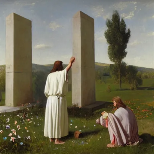 Prompt: A painting depicting the resurrection of Jesus Christ, (Jean Jules Linden), Peter Ilsted, ((flowers)), ((monolith))