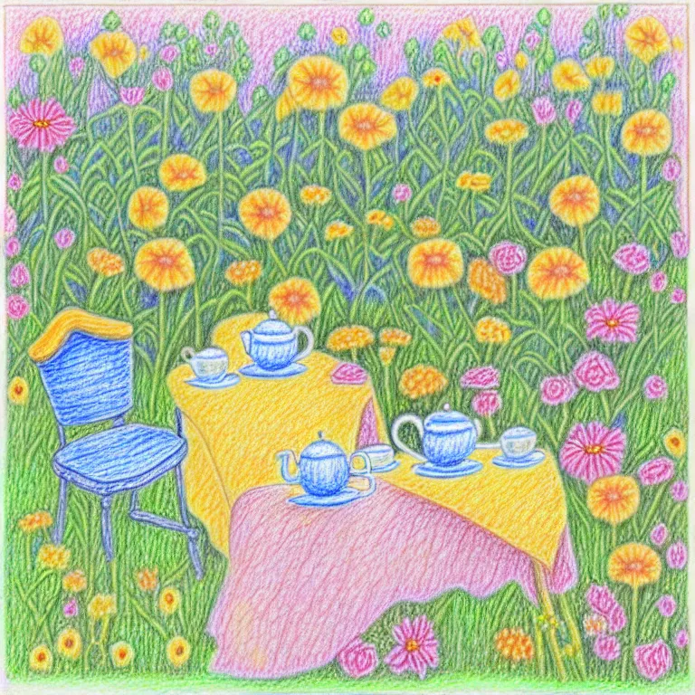 Image similar to an absurdly-detailed tea party in the flower garden colored-pencil drawing as a fancy square tile. pastel palette