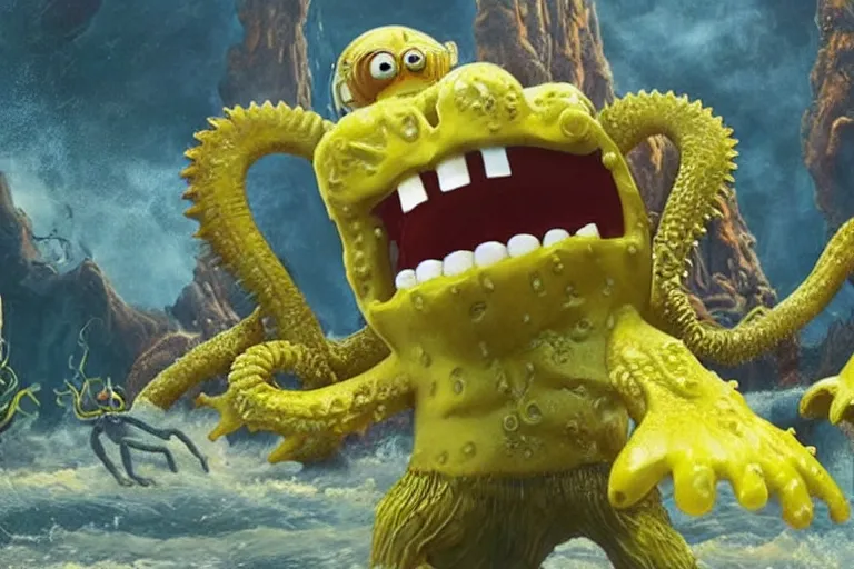 Image similar to Spongebob Cthulhu chimera fighting king kong, photorealistic still from Alien Planet