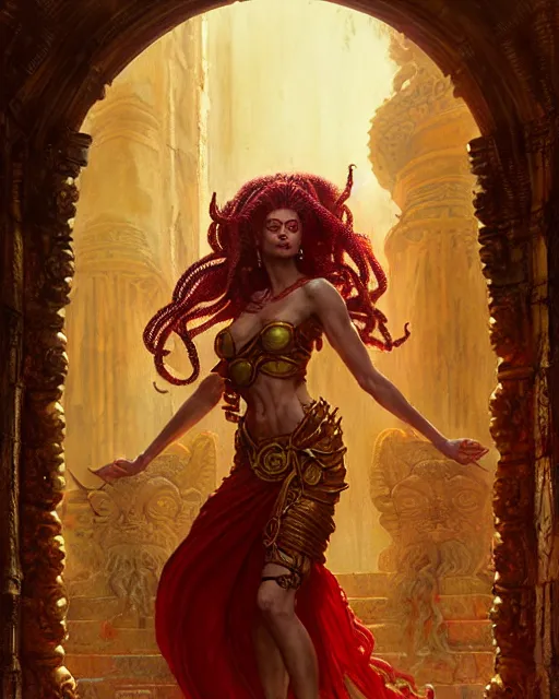 Prompt: fierce medusa in an epic red and golden dress standing in an old temple yard, fantasy character portrait, ultra realistic, concept art, intricate details, highly detailed by greg rutkowski, gaston bussiere, craig mullins, simon bisley