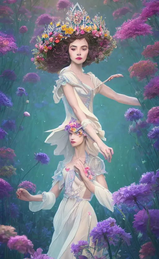 Prompt: A beautiful fantasy magician, highly detailed full body, amazing flower tiara, wearing aristocrat robe, delicate figure, field of flowers, epic composition, ultra wide-shot, dynamic pose, concept art, beautifully lit, digital painting, smooth, character design, sharp focus, elegant, intricate, trending on artstation, by WLOP and James Jean and Victo Ngai