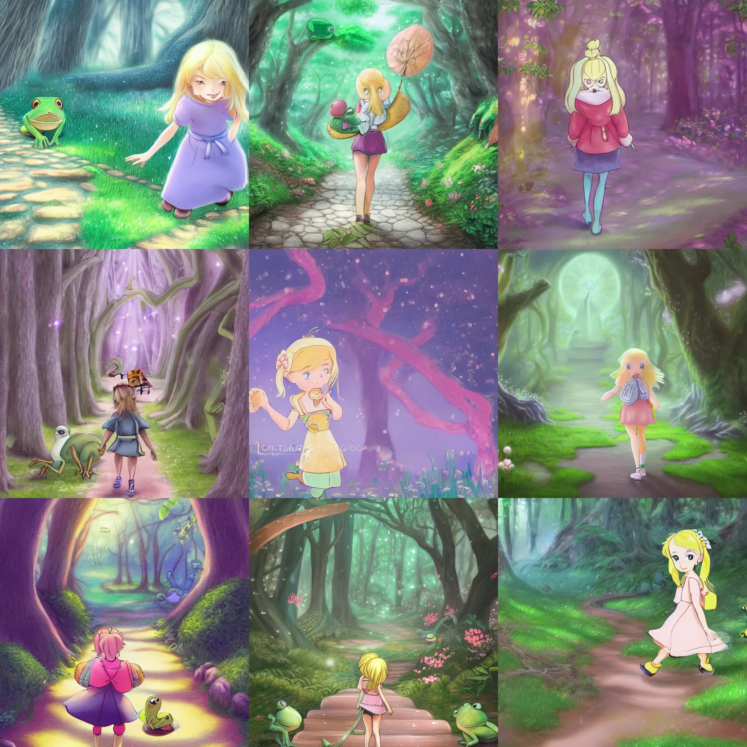 Prompt: illustration of a blonde girl with a hopping frog leading her down a path, in a whimsical fairytale forest, in the style of studio ghibli, fantasy, disney, anime, digital art, cute, shoujo, trending on artstation, very detailed, realistic, pastel colours, anime 4 k