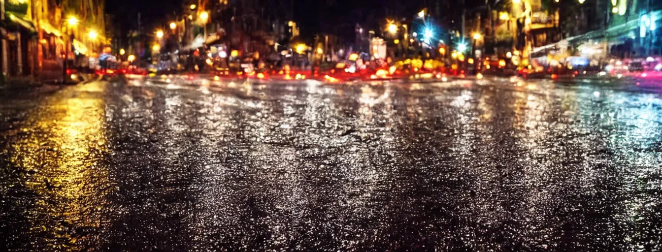 Image similar to beautiful photo, aspic on road, night, rain, modern street, lights, close up the fat frog on wet road