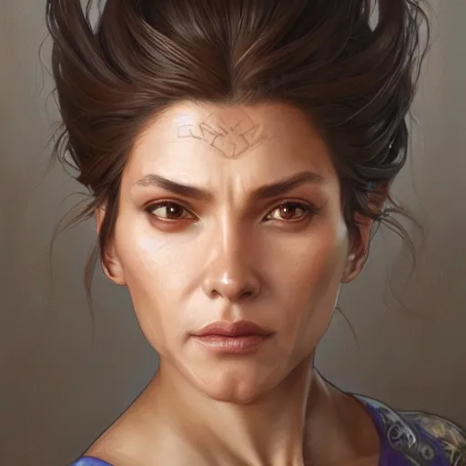 Prompt: beautiful, strong, mixed race, female, aged 4 0, face, head shot, fantasy, highly detailed, digital painting, artstation, concept art, smooth, sharp focus, illustration, art by artgerm and greg rutkowski and alphonse mucha