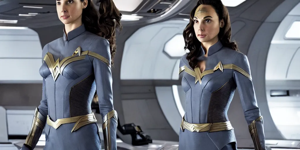 Image similar to Gal Gadot, in full starfleet uniform, is the captain of the starship Enterprise in the new Star Trek movie