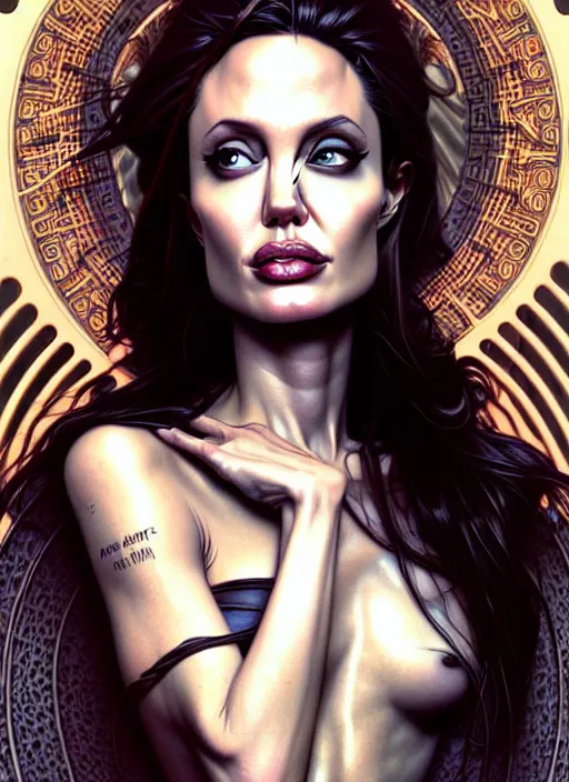 Image similar to portrait of angelina jolie, volumetric lights, feast, music notes, art nouveau botanicals, gothic, intricate, highly detailed, digital painting, artstation, concept art, smooth, sharp focus, symmetric face, illustration, steampunk, art by artgerm and greg rutkowski and alphonse mucha