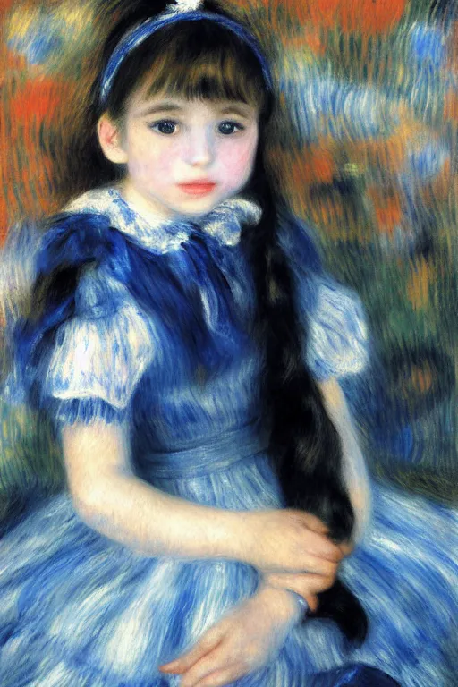 Image similar to a realistic portrait of black - haired little girl in a blue lolita dress with stars and petticoat sitting on the new york city subway by renoir, detailed eyes, 4 k resolution