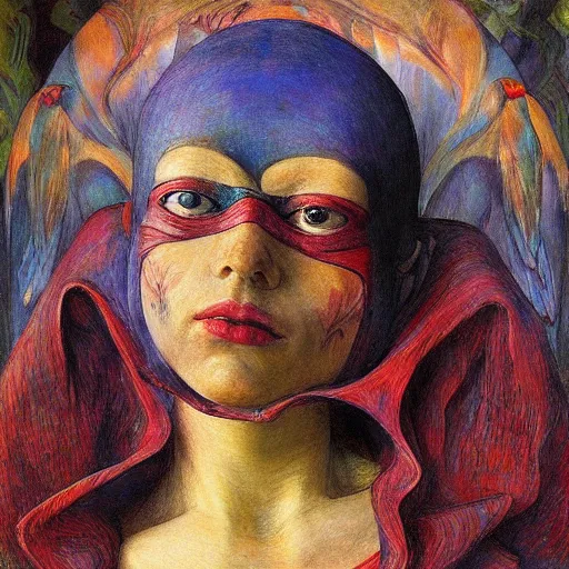 Prompt: the last guest in her bird mask, by Annie Swynnerton and Diego Rivera, symbolist, dramatic lighting, elaborate geometric ornament, god rays, soft colors,smooth, sharp focus, extremely detailed