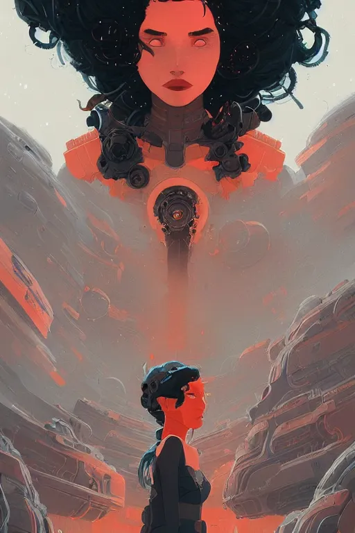 Image similar to highly detailed portrait of sci - fi long curly blue haired lady by atey ghailan, james gilleard, by joe fenton, by greg rutkowski, by greg tocchini, by kaethe butcher, 4 k resolution, gradient red, orange, black and white color scheme!!! ( ( nebula dystopian city spiral background ) )