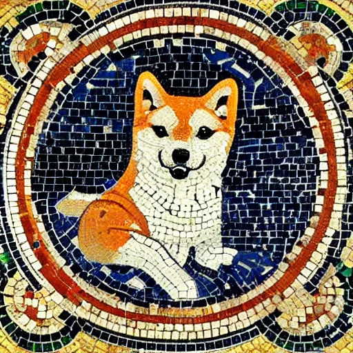 Image similar to an ancient roman tile mosaic depicting a shiba inu in a toga, a detailed masterpiece