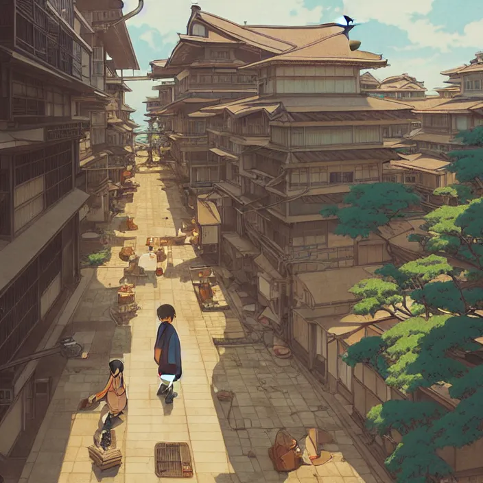 Prompt: empty japanese city, summer, in the style of studio ghibli, j. c. leyendecker, greg rutkowski, artem