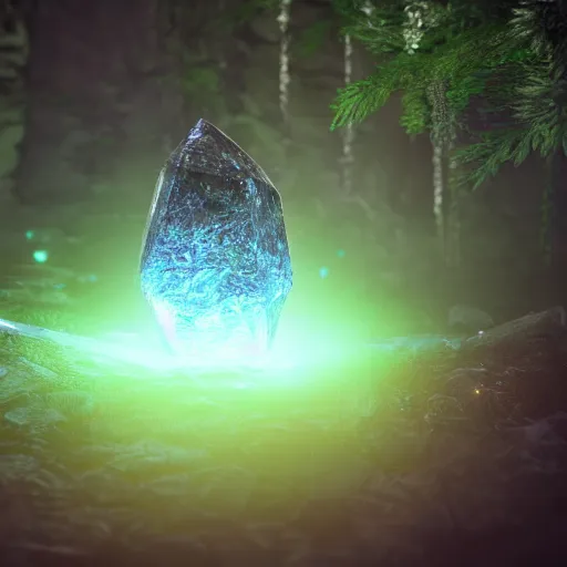 Prompt: a photorealistic image of a glowing mystical crystal in a dark forest, trending on cg society, 8 k, octane render