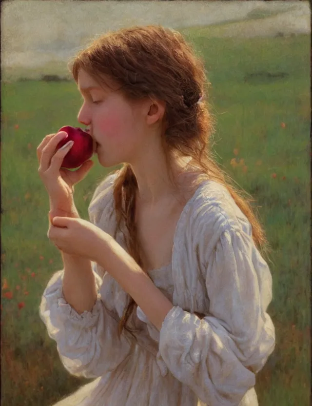 Image similar to peasant girl eating apple, portrait, cottage core, cinematic focus, polaroid photo bleached vintage pastel colors high - key lighting, soft lights, foggy, by steve hanks, by lisa yuskavage, by serov valentin, by tarkovsky, 8 k render, detailed, oil on canvas