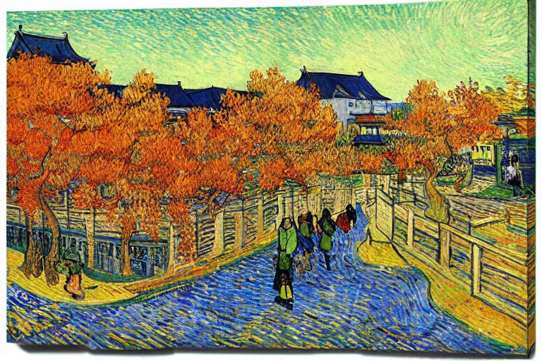 Image similar to Kyoto city painted by Vincent van Gogh, during autumn season, printed on glossy metal canvas