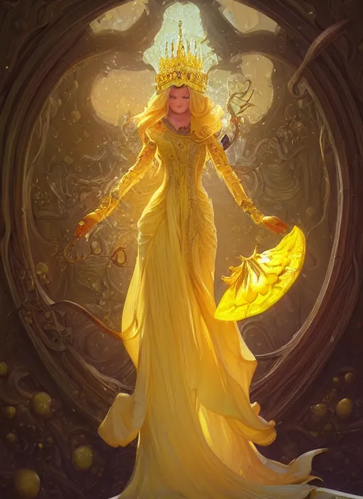 Prompt: yellow mushroom queen, d & d, fantasy, intricate, elegant, highly detailed, digital painting, artstation, concept art, matte, sharp focus, illustration, hearthstone, art by artgerm and greg rutkowski and alphonse mucha