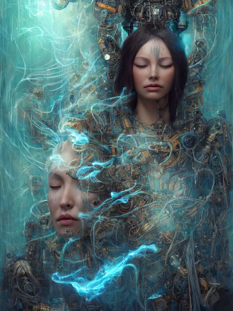 Image similar to an ancient mystical alluring female shaman generating flowing energy and surrounded by wisps of incense smoke sits meditating in a magical cybernetic robot temple, face face face, by karol bak and artgerm, 3 d, cinema 4 d render, trending on artstation