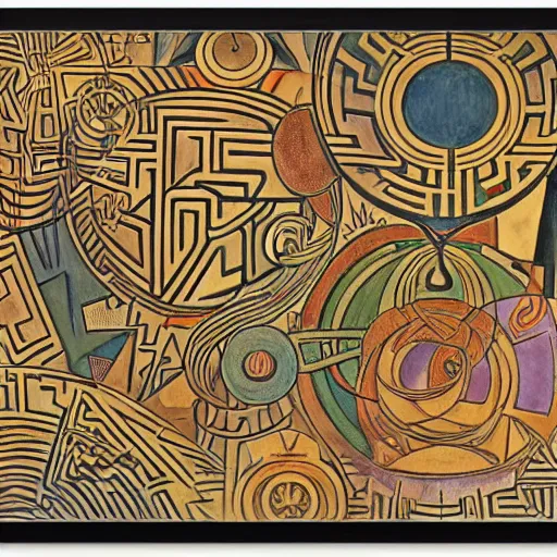 Image similar to maze labyrinth steampunk by albert gleizes and by hilma klint, hd, no border, vivid colors