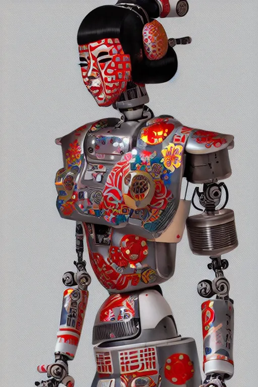 Image similar to full body portrait of a japanese robot geisha with kanji tattoos and decals wearing a digital pixelated kimono, intricate design, photorealistic, octane render, raytraced, ultra fine detailed, character design, trending on artstation