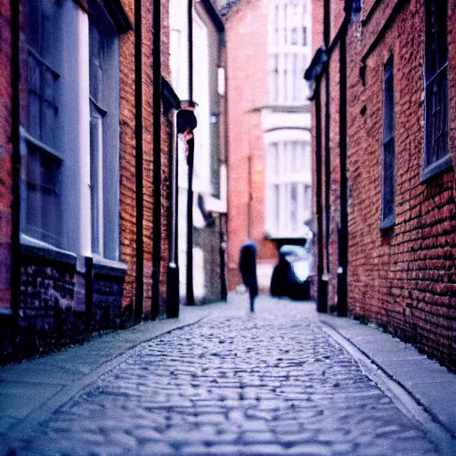 Image similar to photo, london cobblestone street at night, 5 0 mm f / 1. 4, cinestill 8 0 0,