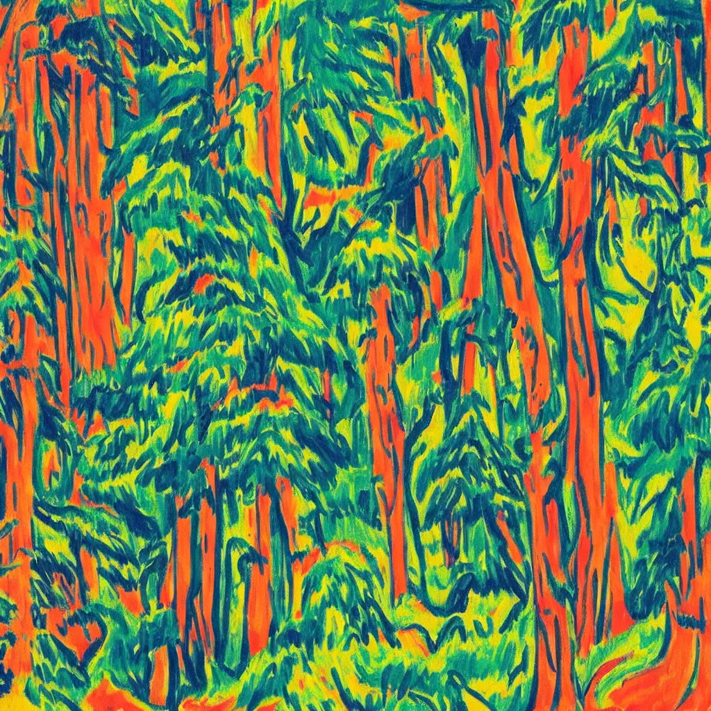 Prompt: a painting of an old growth redwood forest, by ernst ludwig kirchner
