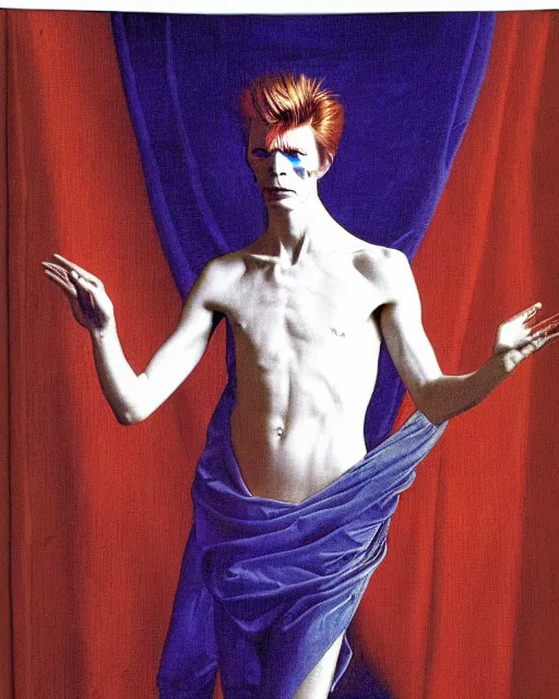 Image similar to david bowie as a diety levitating anmd surrounded by transcendental light by jean auguste dominique ingres, labyrinthine, sacred, mystical