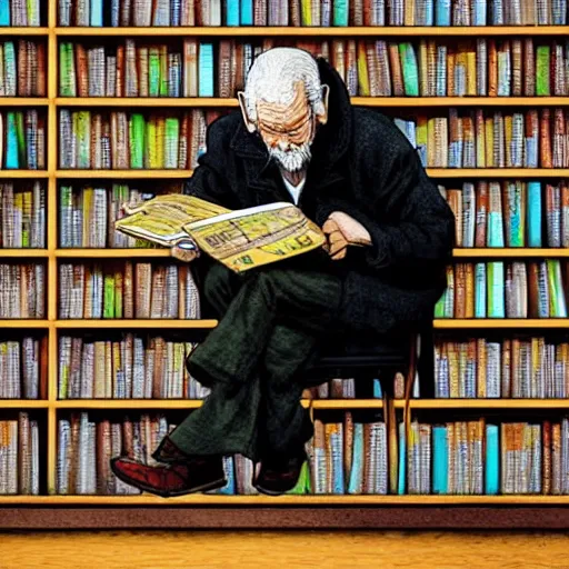 Prompt: detailed details photorealistic 2 d illustration a old man read manga while sitting on his library in the style of alex ross and banksy