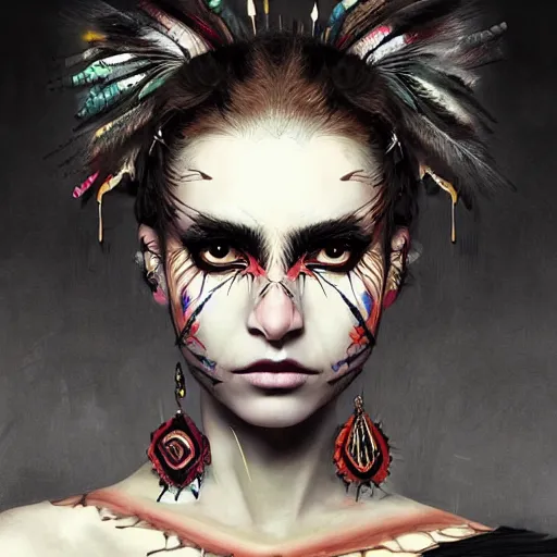 Prompt: A masterpiece portrait of a Incredibly beautiful half slightly damaged crying black swan makeup girl . tribal fashion. 2077 fashion. Cyberpunk farmer. American Gothic. Fire sparkles. Vogue. trending on artstation, digital art, by Stanley Artgerm Lau, WLOP, Rossdraws, James Jean, Andrei Riabovitchev, Marc Simonetti, Yoshitaka Amano