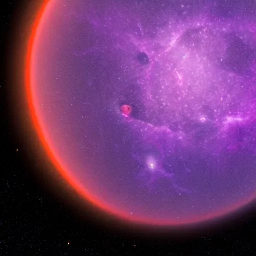 Image similar to purple planet in the center, nebulae background, blue orange contrast, 8k, telescopic,