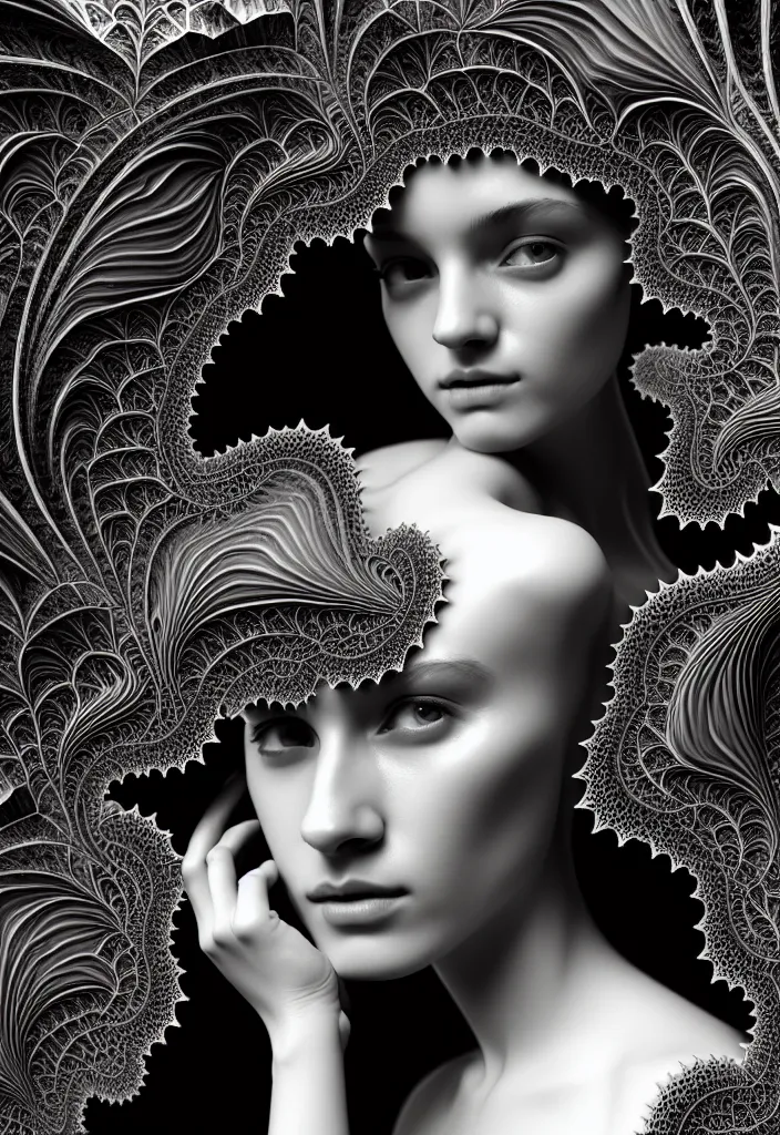 Image similar to portrait of a young beautiful woman with a partially covering mask. fractal, mandelbulb technique. black and white, black on black. intricate, elegant, super highly detailed, professional digital painting, smooth, extreme illustration, Photorealism, HD quality, 8k resolution, 3D, beautiful, cinematic, art. art deco, art nouveau.