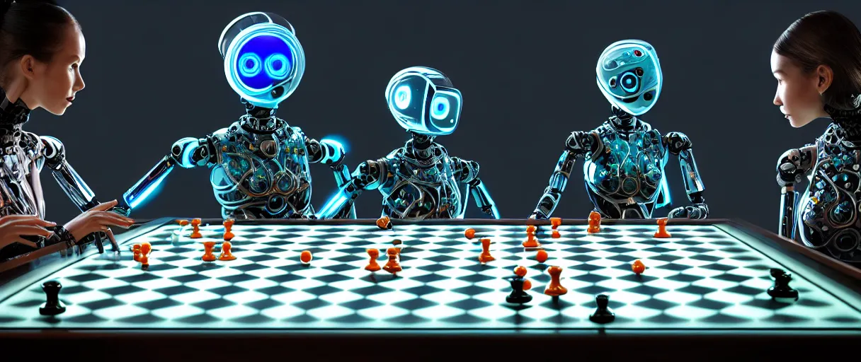 Image similar to a gorgeous highly detailed photo of two futuristic full - body humanoid robots with glowing led eyes sit on large midcentury recliners facing off in an intense game of checkers. cinematic movie photograph, cinematic lighting, arri alexa, extremely detailed, smooth, very very clean, 8 k, octane render, maya render, unreal engine, trending on artstation, dslr