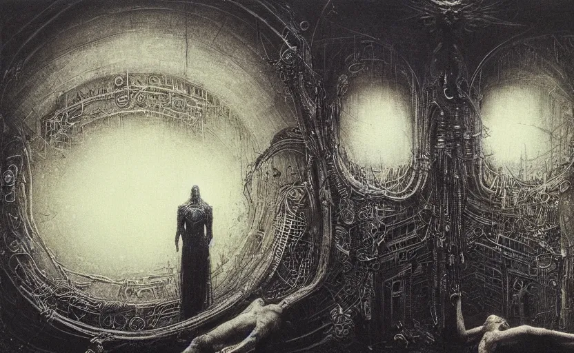 Prompt: cyberpunk dreaming by gustave dore and gustave moreau and beksinski and giger