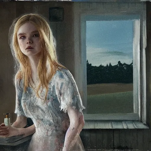 Prompt: Elle Fanning in the painted world of RE7, head and shoulders masterpiece, apocalypse, golden hour, cosmic horror, artstation, in the style of Andrew Wyeth and Edward Hopper and Bosch, extremely detailed