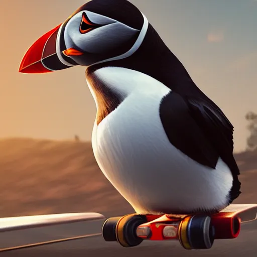 Prompt: puffin riding skateboard, cinematic, cinematic lighting, trending on Artstation, Cgsociety, detailed, 4k, very realistic