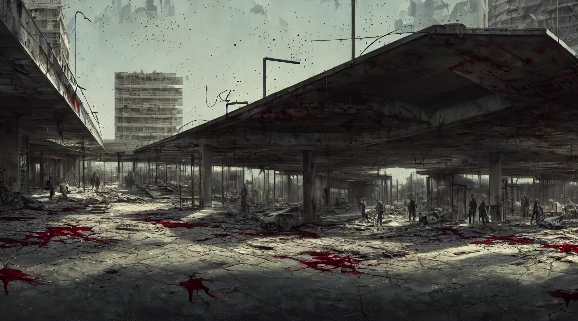 Image similar to post apocalyptic shopping center, building, avenue, extremely detailed, sharp focus, fine details, realistic shaded, depth of field, colorful, modern contemporary americana concrete architecture, by pascal blanche, greg rutkowski, shaddy safadi, neil blevins, trending on artstation, high quality, photorealistic, blood stains, crumbling, silhouettes