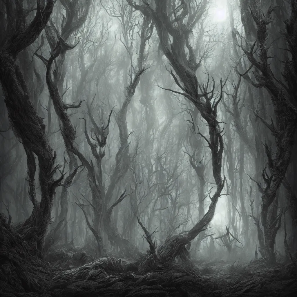 Image similar to Photorealistic giant nightmare creature in the ominous foggy woods in the style of Michael Whelan and Gustave Dore. Hyperdetailed photorealism, epic scale, misty, 108 megapixels, amazing depth, glowing rich colors, powerful imagery, psychedelic Overtones, 3D finalrender, 3d shading, cinematic lighting, artstation concept art