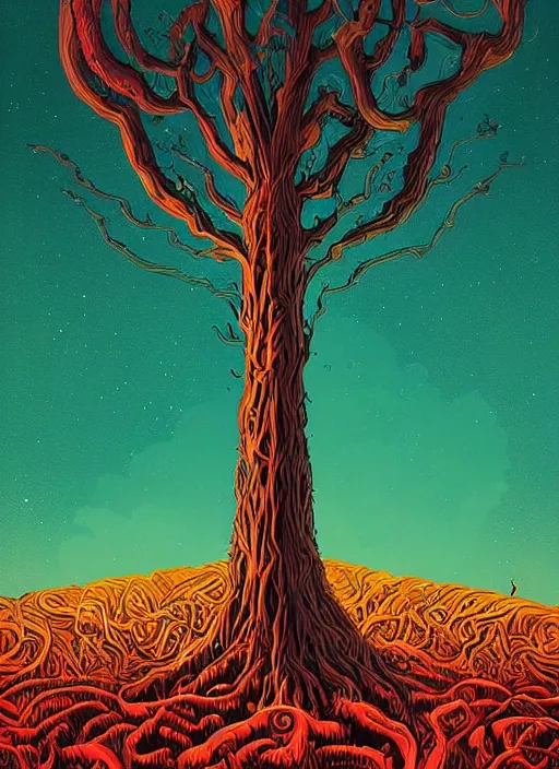 Image similar to a painting of a strange looking tree in the middle of a field, poster art by kilian eng, behance contest winner, fantasy art, lovecraftian, cosmic horror, apocalyptic landscape