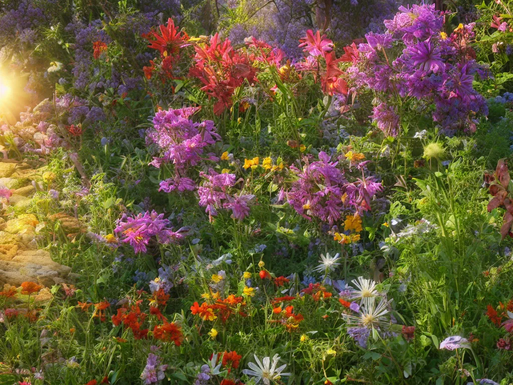 Image similar to sunlight study, wildflower garden, art nouveau, by jan davidz de heem and ( ( ( ( ( lisa frank ) ) ) ) ), 8 k, sharp focus, octane render, kauai