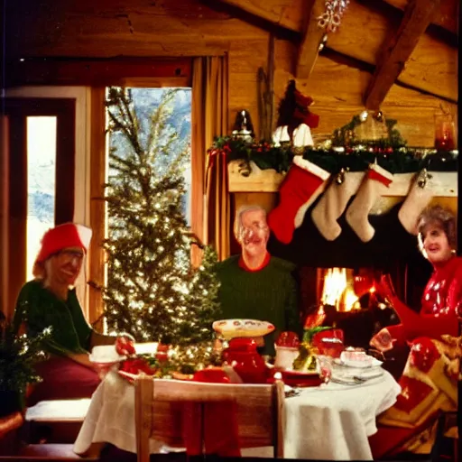 Image similar to Christmas 1985, drunk at christmas lunch, mountain chalet, fireplace, cozy