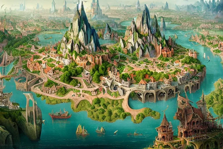 Image similar to a beautiful complex insanely detailed matte painting of a magical city on the river Styx by Heironymous Bosch and Bernardo Bellotto and Tyler Edlin and James Gurney