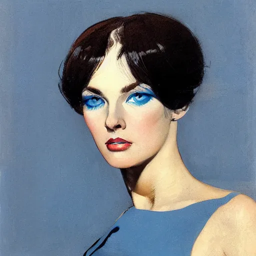 Image similar to Frontal portrait of a woman with ice blue eyes, by Robert McGinnis.