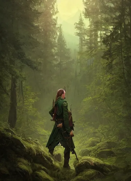 Image similar to elven soldier wearing a dark green tunic with a shield on his back standing at a forest looking for adventure in the mountains, tall trees, landscape is lush, moody sunset in background, greg rutkowski, alphonse mucha, trending on artstation, artgerm, unreal engine, breathtaking, award winning, highly detailed