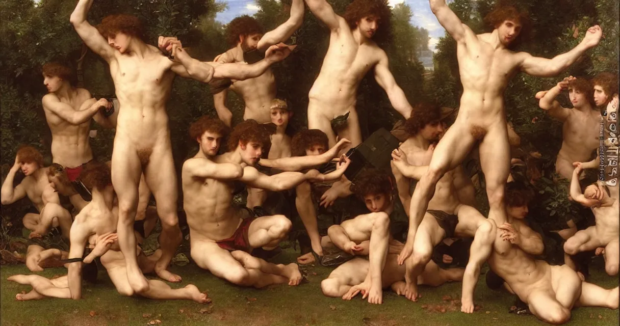 Prompt: large group of pre-Raphaelite muscular athletic male gamers wearing headsets holding laptops playstation5 x-box and PC by Bouguereau and raphael