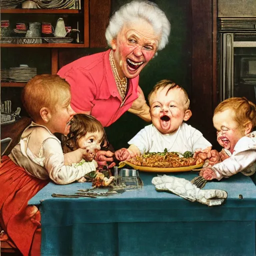 Image similar to hyper realistic hight detailed grandmother with a big mouth eating babies and william blake on the table in the russian kitchen, by norman rockwell, bright colors, 4 k, 1 6 k, 3 2 k, photorealistic, cartoon style