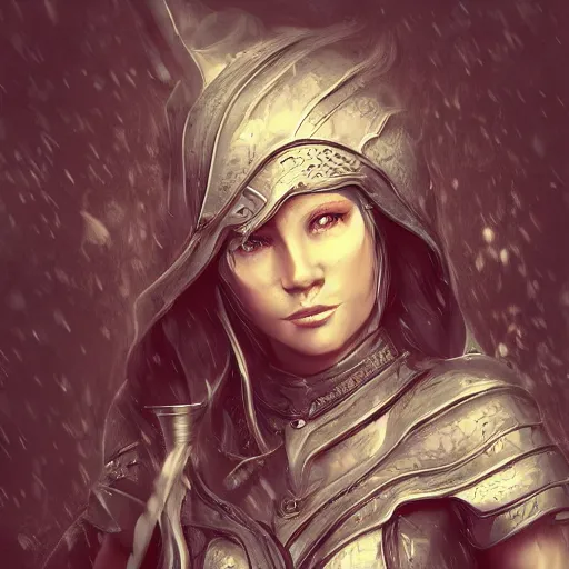 Image similar to high fantasy, portrait of a determined elven woman, chef clothes, rain, kitchen knife, depth, digital art, high detail, trending on artstation