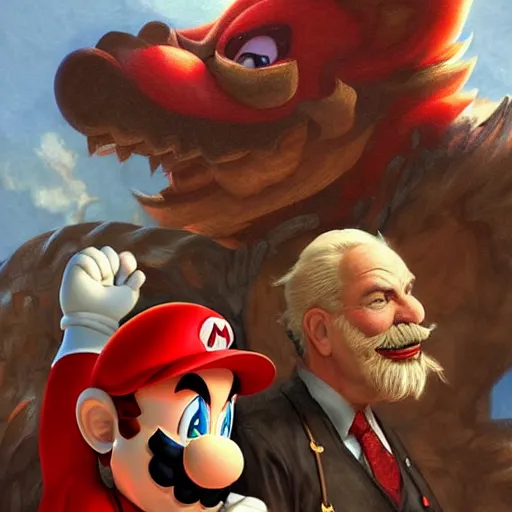 Image similar to super mario and old man bowser, highly detailed, digital painting, artstation, illustration, art by artgerm and greg rutkowski and alphonse mucha