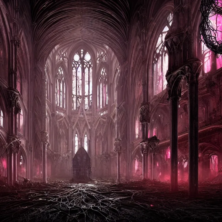 Image similar to ribbed abandoned gothic cathedral on exoplanet, covered with tentacles, roots, wires, tubes, pink neon lights, baroque painting, standing in a desolate empty wasteland, creepy, nightmare, dream-like heavy atmosphere, surreal abandoned buildings, beautiful detailed intricate insanely detailed octane render trending on Artstation, 8K artistic photography, photorealistic, volumetric cinematic light, chiaroscuro, Raphael, Caravaggio, Beksinski, Giger