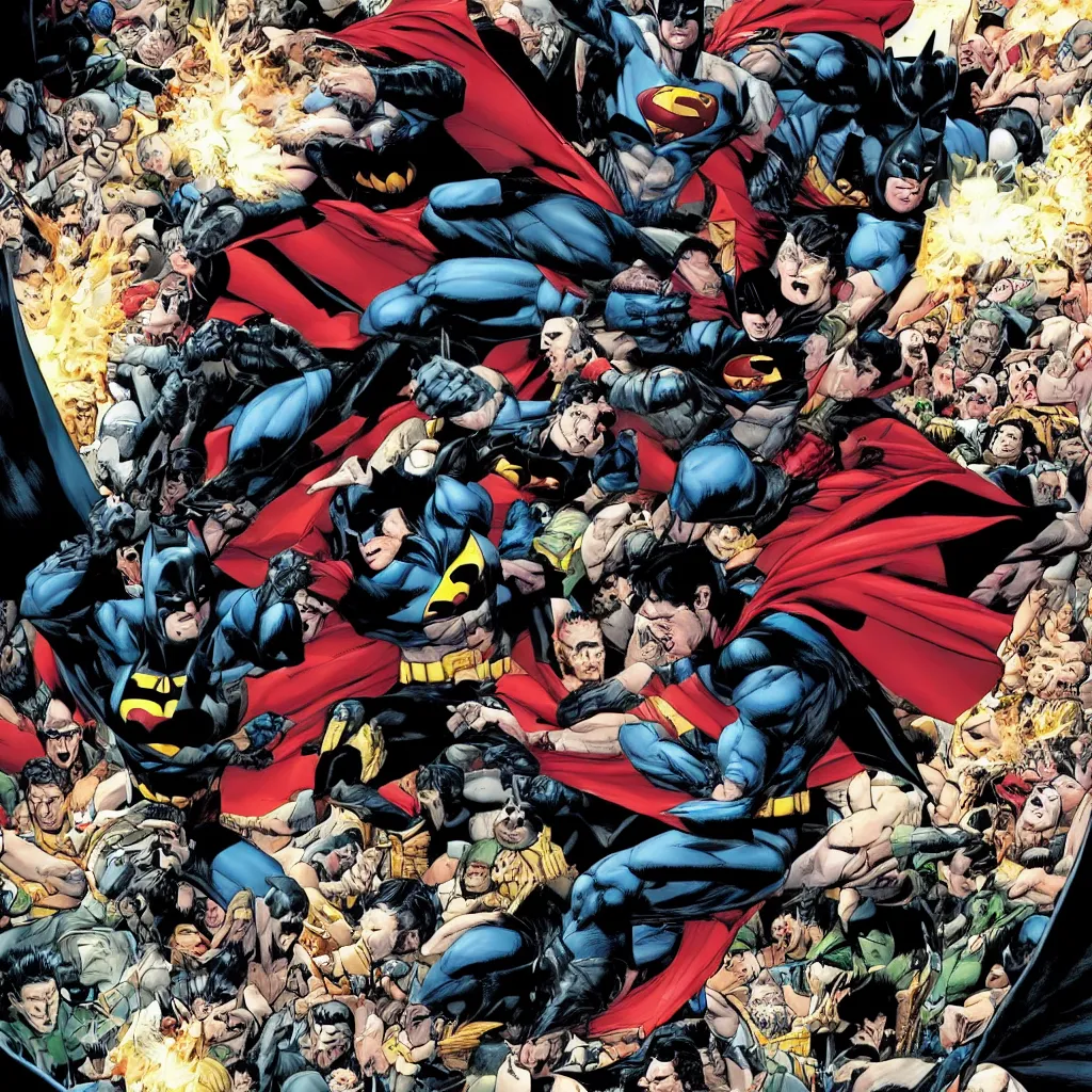 Image similar to batman defeating superman with a large croud watching