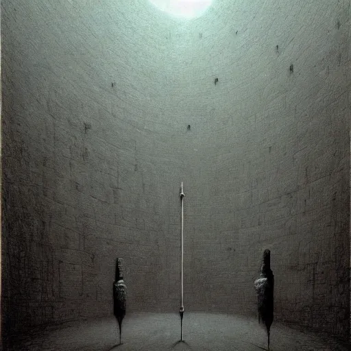 Prompt: Dungeon. Vacant. Eerie. Unsettling. Zdzisaw Beksinski