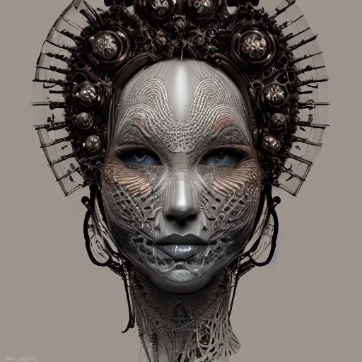 Prompt: beatifull frontal face portrait of a woman, biomechanical sculpture, mandelbrot fractal, intricate, elegant, highly detailed, ornate, elegant , luxury, beautifully lit, ray trace, octane render in the style of Gerald Brom and James gurney