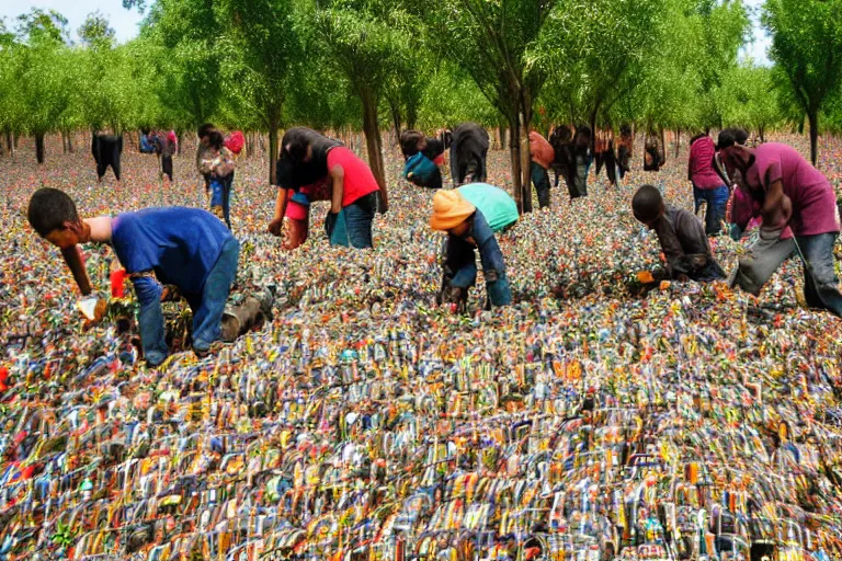 Image similar to sugondese people sorting a giant pile of compact discs within a tree nut field